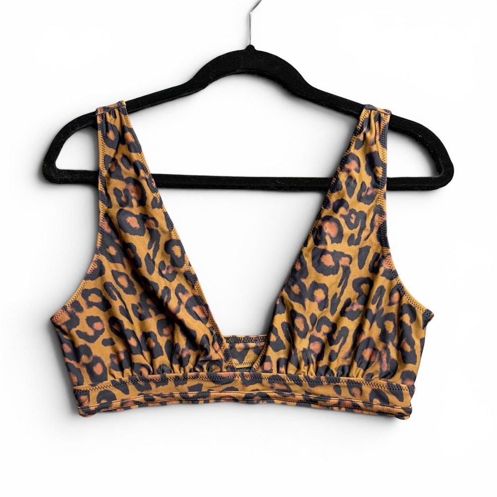 Kendall + Kylie Women's Leopard Print V-Neck Bikini Top Plunge Brown Black Large